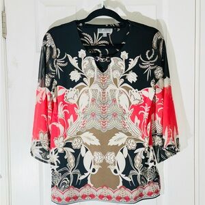 JM Collection Multicolor 3/4 Sleeve Blouse Size M Petite Rhinestones Accent